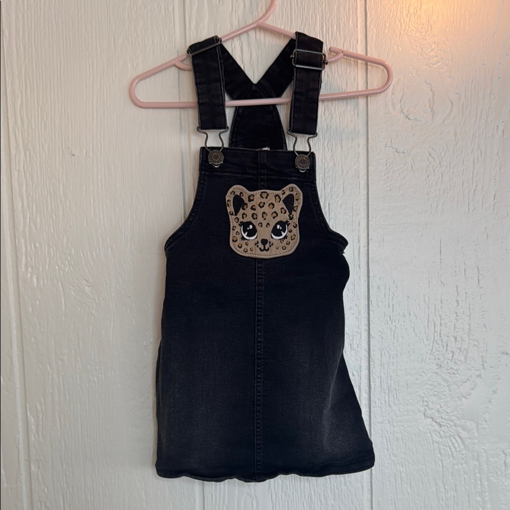 Kids H&M Black Denim Overall Dress with Leopard Patch